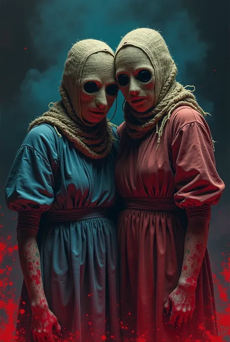  scary twin sisters, dresses in s outifs, with burlaps sack masks covering their faces, button eyes visible, night, fog, blood, scary picture, comics style,  Creepshow, 80s, halftone, saturated colors, perfect anatomy