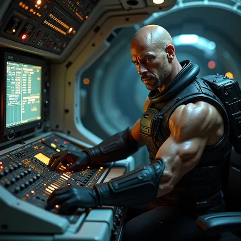  High resolution, An astronaut who looks like Vin Diesel is in a spaceship pressing buttons on a radio that is broken 