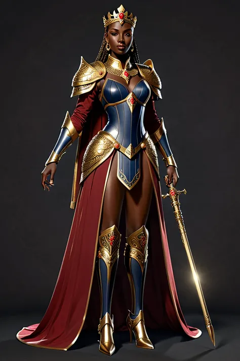 "Ambessa commands attention with her tall, statuesque figure and regal bearing. Her dark skin glows under the light, accentuated by her golden armor that is both practical and ornamental. Her short, neatly styled hair is crowned with a minimalist gold tiar...