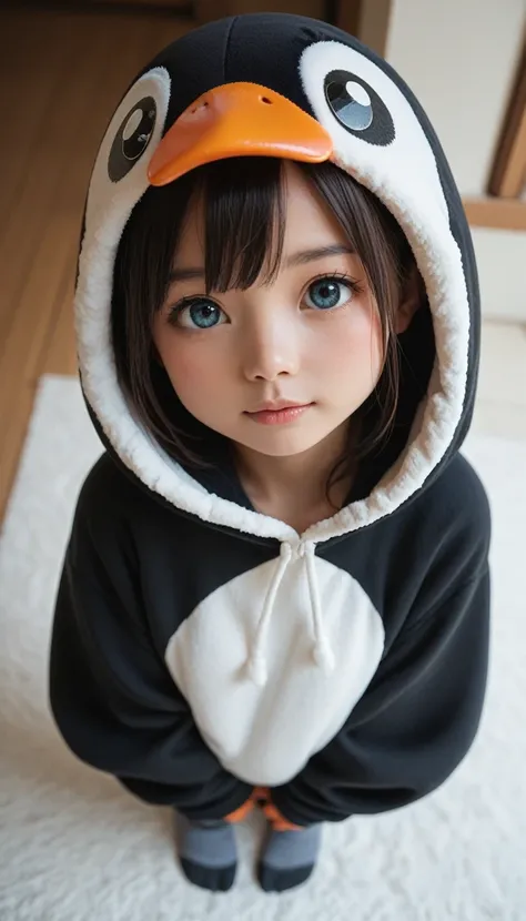 cute子猫,Penguin Costume, Japanese Face、 perspective from above 、cute、 double piece、