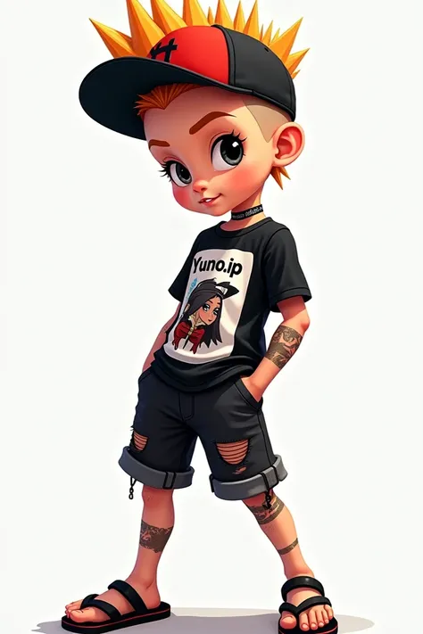  A  pre-adolescent  with mohawk hair and a black and red cap wearing a black and white shirt with the name Yuno.IP ripped black shorts black flip flops from Brazil 