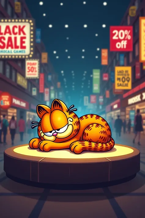 Describe Garfield sleeping on the spotlight of the photo, with lots of black friday sale and discount labels on the background fully visible with large fonts