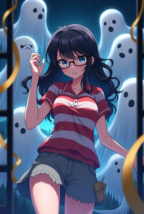  Standing full body anime girl , dancing sensually,  and small lenses with rectangular lenses black frame on the face ,  with horizontal striped polo shirt red with white long sleeves long neck ,  gray miniskirt with garter holder on left leg ,  anime art ...