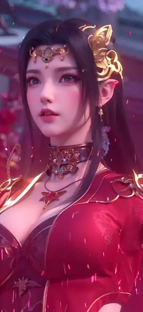 Close-up of a woman in a red dress and gold jewelry, （（elvish ears）），Royal Sister，Superb beauty，Queen Medusa，Beautiful and elegant queen, portrait of a queen,  Xianxia, a beautiful fantasy empress, xianxia fantasy, Beautiful young wind spirit, inspired by ...