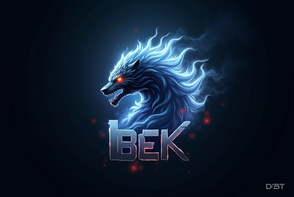 logo.  high quality .  Ice Smoke silhouette of a predator fiery eyes. with a . The inscription “BEK " "Pubg"  in the same light 