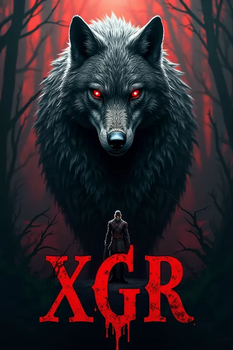 the coat of arms of the witcher wolf school with red eyes, in the background a minion as gerald of rivia and at the bottom a red inscription xGR