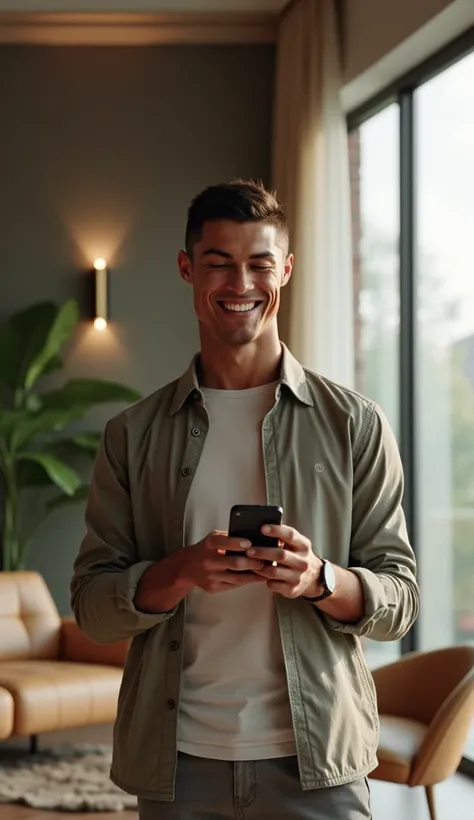 " A cinematic and ultra-realistic scene of Cristiano Ronaldo sitting in an elegant and modern environment. Cristiano wears normal everyday clothes .    He is holding his smartphone and smiling ,  with an expression of happiness as he looks at the screen . ...