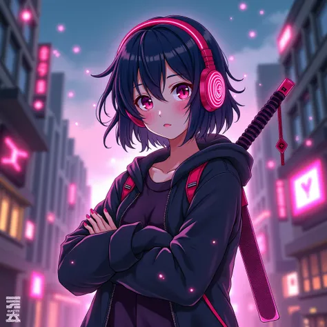 A vibrant and anime-inspired avatar for a Twitch profile picture. The character is a stylish gamer with realistic headphones surrounded  elements like desdpool is double sword hang on the back, , and pixelated game icons. The background is a mix of dark to...