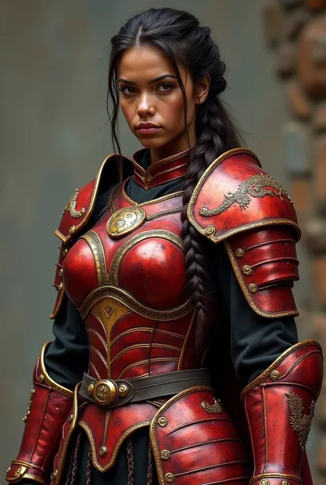  Create a warrior with heavy armor in red colors and gold details,  she wears her hair tied in a braid , She has a dragon tattoo on both arms ,  Her skin is darker and her armor is red with copper details 