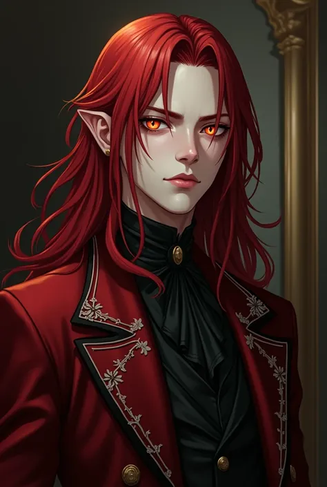 Inspired by the art style of the anime Castlevania .  Create a picturesque ,  dark Victorian style portrait of a beautiful young man. He is pale , Has blood-red long hair,  glowing honey-colored eyes and a small scar on the lip.