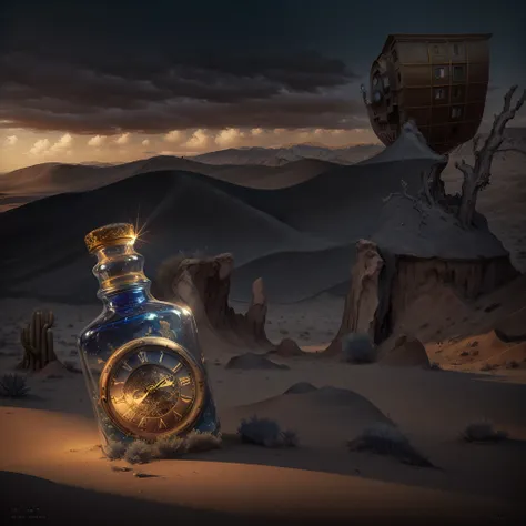 A Surreal landscape. A bottle is stuck in the sand, a clock mechanism is visible in the bottle, instead of a label there is a dial on the clock, further in the desert there is a tree with five-story house growing on it. Even farther away the desert is cros...