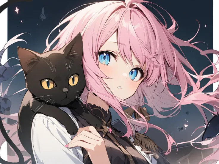 Girl with cat, Black cat, Pink Hair、blue eyes, Avatar