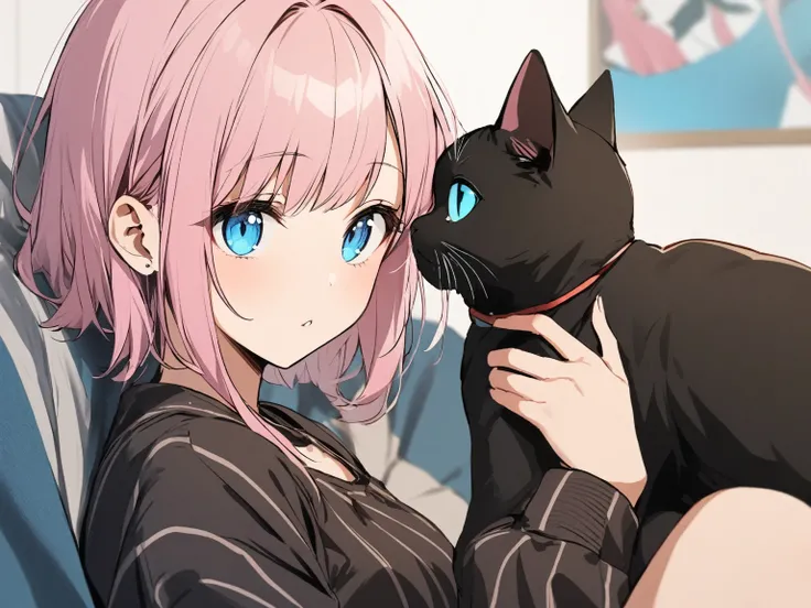 Girl with cat, Black cat, Pink Hair、blue eyes, Avatar