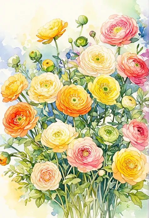 Ranunculus flower、Watercolor touch illustration