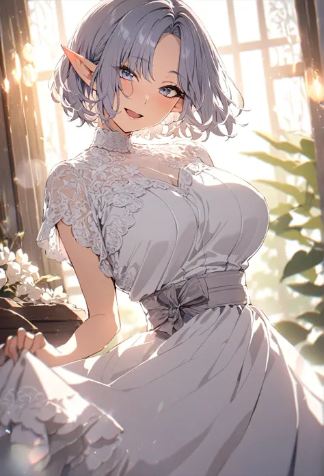 ((best quality)), ((masterpiece)), (detailed), (1girl), housewife, elf, pointy ears, big breast, blue-silver Chin-Length Bob with Waves short hair with delicate strands falling gently onto her face, parted bangs, ((mature woman)), mother with blue-silver e...