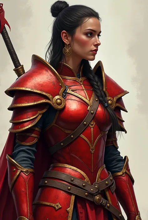  Create a warrior with heavy armor in red colors and gold details,  she wears her hair tied in a braid , She has a dragon tattoo on both arms ,  Her skin is darker and her armor is red with copper details . pointed shoulder pads.  Blades on the shoulder pa...