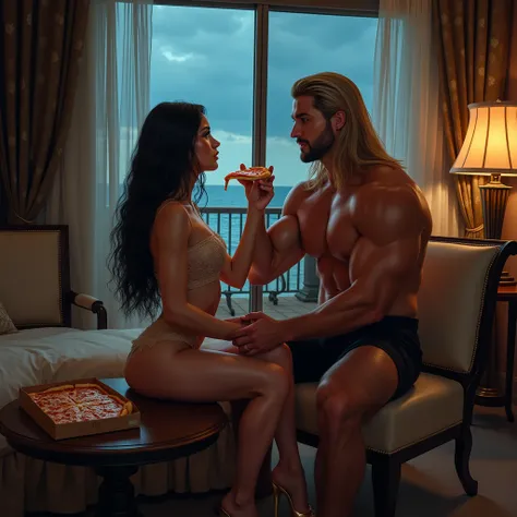  IN A LUXURIOUS ROOM WITH A VIEW OF THE BEACH AND BALCONY , The image shows a MUSCULAR man, high, helpless, ES SÚPER high,  WITH LONG BLOND BROWN HAIR , He is sitting,  SUPPORTS THE HIPS OF A WOMAN , SHE SITTING ON HER HIPS ,  WHILE YOU ARE FEEDING HIM PIZ...