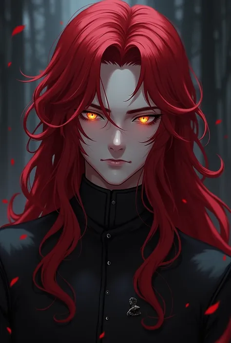 In the style of the anime Castlevania .  A portrait of a young and beautiful man with blood-red, long hair;  pale skin and golden eyes . 