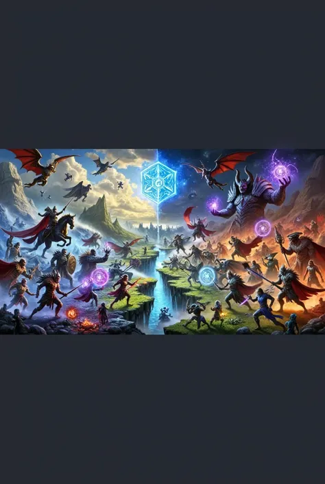  “An epic battle on a divided field Through Light and Shadow . in the center,  a bright blue symbol floats on a mystical altar , radiating divine energy .  Eight heroes from different races and kingdoms are represented :  a human knight in gold armor ,  an...