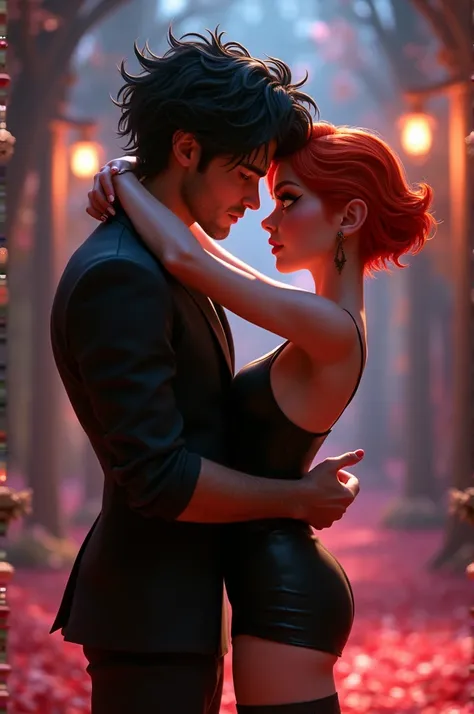 a women with fire short hair, brown eyes with black eyeliner wearing black short dress and ling black boots having sex with higher men with curly black hair and black eyes Disney Pixar movie poster 3D image