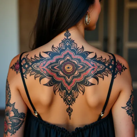 Create a detailed and intricate Moroccan tattoo design for the back of a Moroccan woman. The tattoo should incorporate traditional Moroccan motifs such as geometric patterns, arabesques, and henna-inspired floral elements. Consider the placement across the...