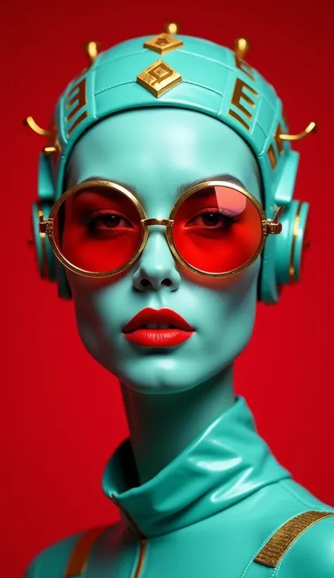  The photo shows a futuristic portrait with an emphasis on bright and contrasting colors .
  1 Face :  The facial skin has an unusual turquoise hue ,  headdress that gives the image a fantastic or alien character .
  2 Glasses :  The woman is wearing large...