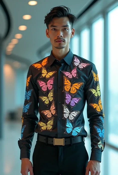 A man from the future wearing a butterfly shirt 