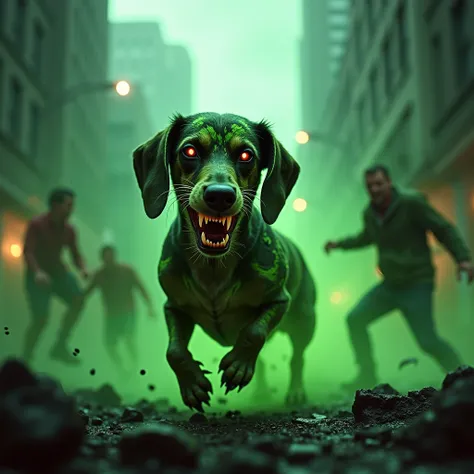 Create an image of a genetically modified Dachshund in a post-biochemical environment. The once-adorable dog has been transformed into a dangerous, menacing creature after coming into contact with the biohazard barrel. Its fur is now patchy, with patches o...