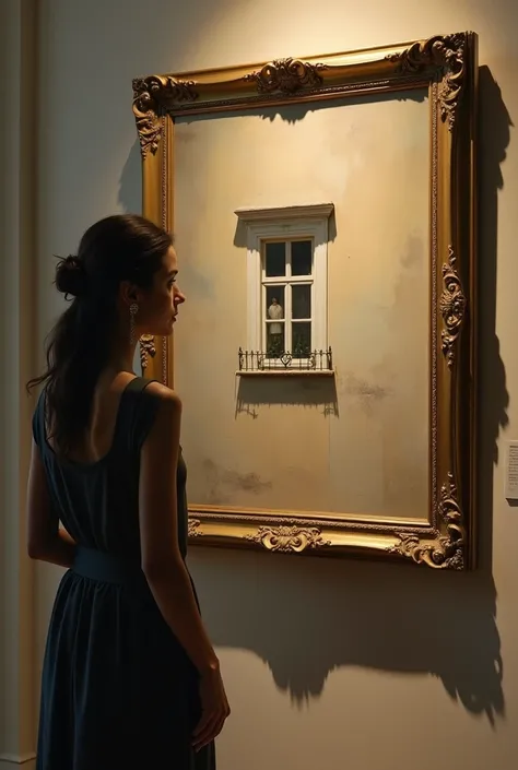 Maria Iribarne looking at a painting and in the painting she has a small window upstairs