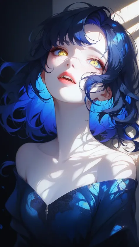 dark,caustics,colorful,gorgeous light and shadow,full body,
The girls pale skin,her lips are slightly open to reveal her teeth,and her (blue and yellow eyes) eyes are blur and dreamy. mottled light and shadow,portrait,blue dark hair,side face,  