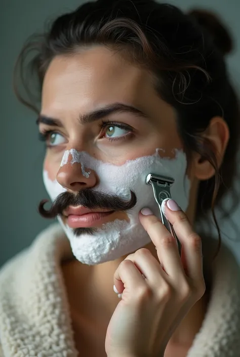 woman with mustache and beard, using shaving foam on face, shaving face with razor, thick shaving foam over stubble