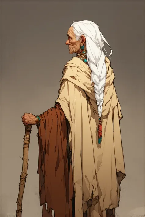 1girl, full body sprite, visual novel, very old woman, wooden cane, back, serious expression, elderly woman, detailed wrinkles, white hair, very long hair, slightly messy hair, piercing gaze, ancient woman, tribal accessories, rustic jewelry, handmade neck...