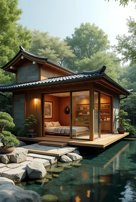 Tiny house in line with Asian Feng Shui,  has a bedroom inside，The small kitchen ，Bathroom，Small living room