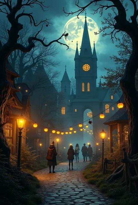  Create an image of a Halloween party in a park set in Tim Burtons movies containing a horror corridor cartering, spaces for ren and more can be several images and a 2D plan of space  