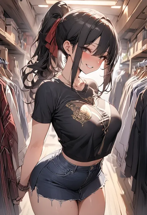 ((  best quality)), ((masterpiece)), (   Details), 1 girl, Alone,  sexy,  black hair ponytail , Busty High School Girl, black t-shirt and jeans miniskirt, Cheerful smile