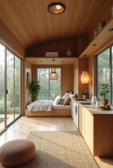 The interior of an Asian tiny house,  has a bedroom inside，The small kitchen ，Bathroom，Small living room