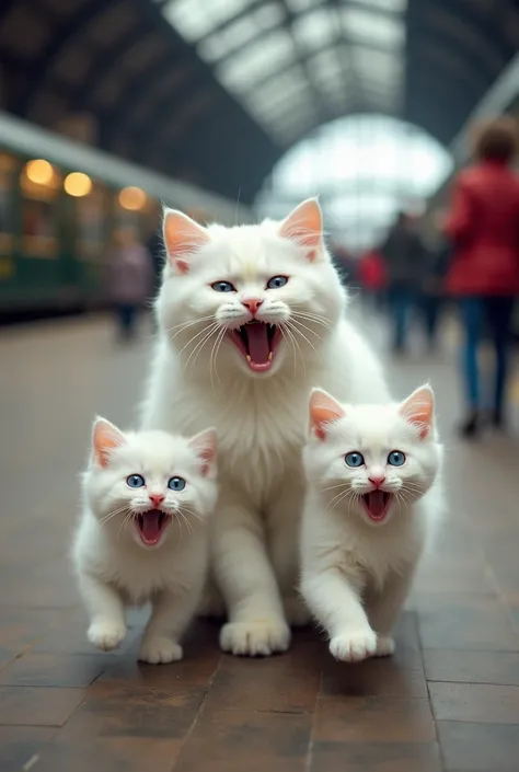 A white cat and its kitten, both with blue eyes, are playfully laughing together. The cat is slightly larger, while the kitten is small and fluffy, with similar white fur and bright blue eyes. They are walking toward a bustling railway station, with a few ...