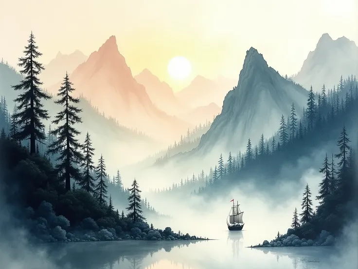 landscape，ink and watercolor painting，water ink，ink，Smudging ，Water ink ，Ultra wide angle，meticulous， A small ship in the distance ，Water ink ，meticulous，Trees，Smudging ，Blurred ，low contrast， A light ship has crossed 10,000 heavy mountains.，Beautifully il...