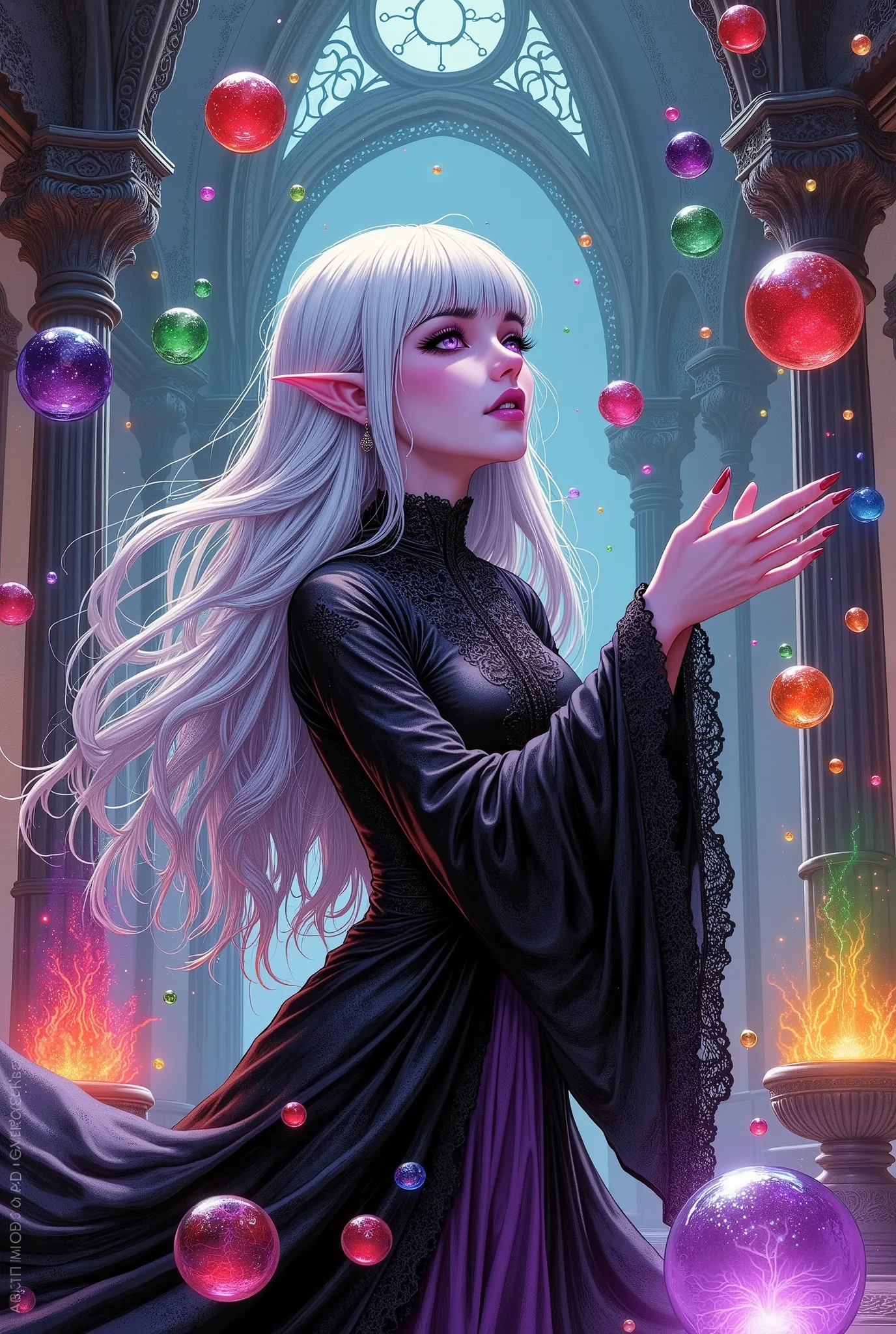 (ultra-detailed face, looking away, fantasy illustration with gothic, rich tone colors), break 
(the dark elf female alchemist d...