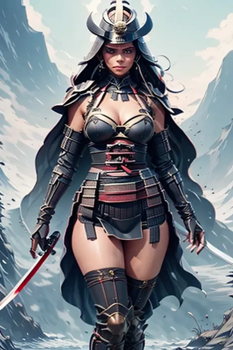  best quality, masterpiece,  ultra high resolution, (reality: 1.4), Original photo, 1 female, very long hair,black hair ,tall stature,standing, hands down,(Contrapposto:1.2),aiming a katana at point of view,big breast,Eyes are black,Black helmet,Sexy black...