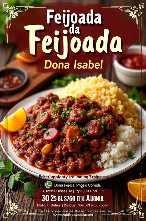  Create a flyer 
Feijoada da Dona Isabel 

The best feijoada in the world with guaranteed satisfaction 

Just 30. 00

We deliver home  (  with delivery fee ) 

Day 07-11
11 : 45 at 15:00

 17 99618-5727
Whstapp  