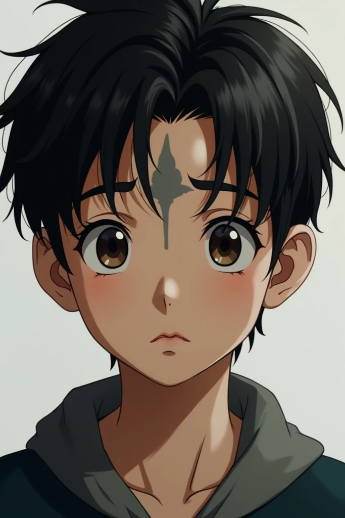 Make me a boy with black hair a little long ,  big eyes and with slightly Chinese features,  scar on forehead  