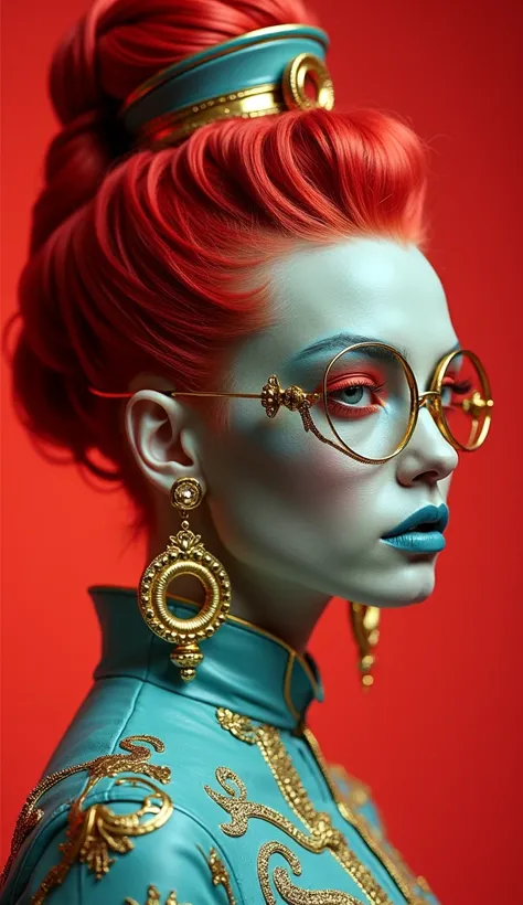  The photo depicts an avant-garde and futuristic character with elements of retrofuturism and decorative aesthetics.
 A detailed description of :
Face & Skin:
 Leather has an unusual light blue or turquoise hue ,  embroidery which makes the image unrealist...