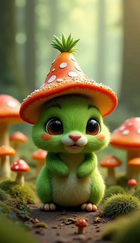 An adorable green creature that looks like a mix between a rabbit and a carrot, with shaggy fur, a cute and fluffy texture, and large expressive eyes. It is wearing a whimsical mushroom-shaped hat and standing in a magical forest filled with vibrant, color...