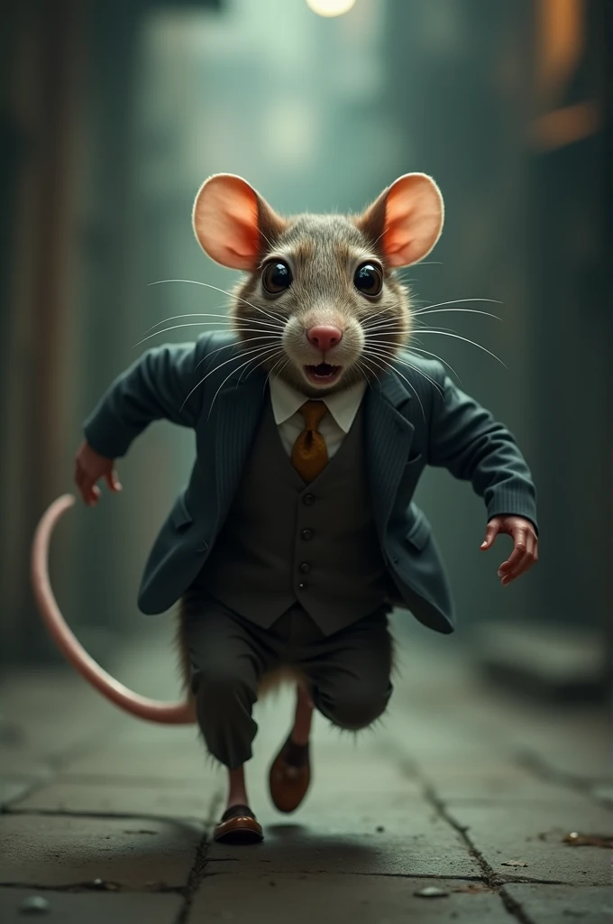 A rat in a suit running away on two legs 