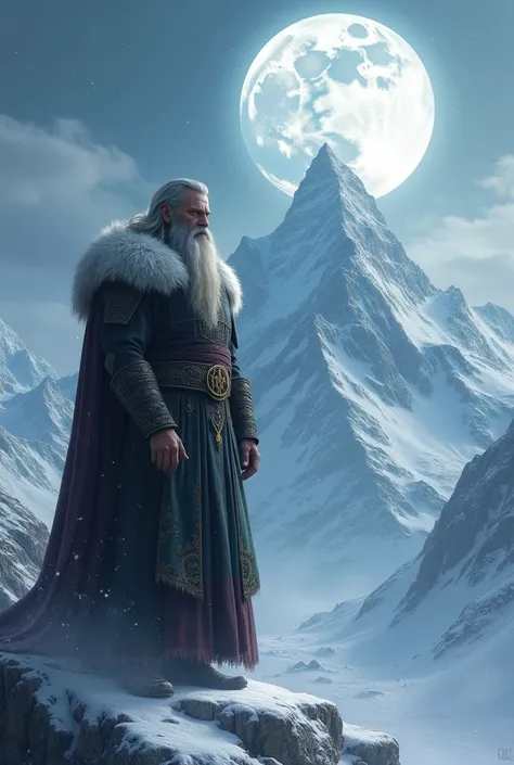 The God Odin on a snowy mountain with the full moon in the background