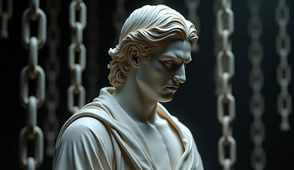 A marble statue of a stoic man with piercing, reflective eyes, gazing downward as though contemplating an unbreakable cycle. Chains dangle in the background, and soft lighting highlights the marble texture against a dark, shadowy backdrop."
