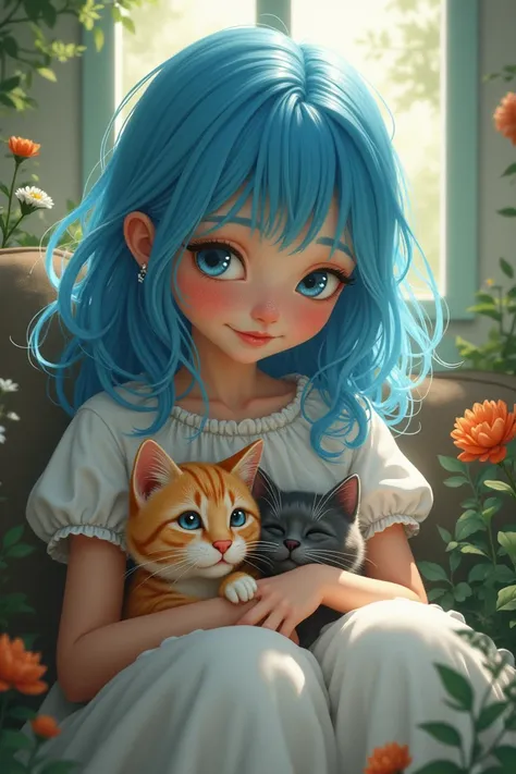 A BLUE HAIRED GIRL WITH A CAT