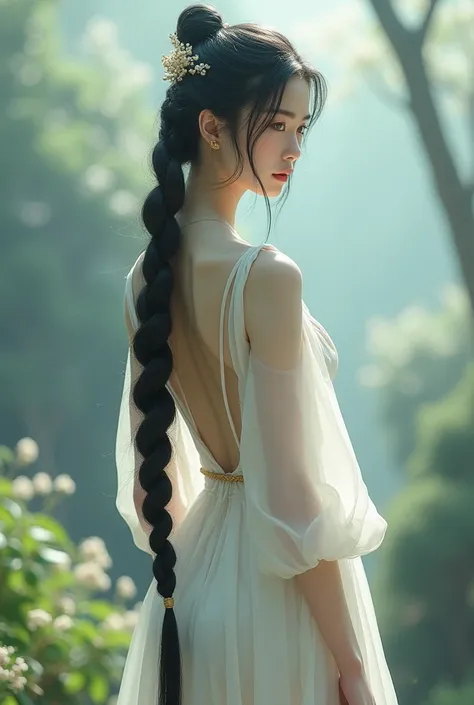 Asian rapunzel girl with very long braided black hair and short white silk dress
