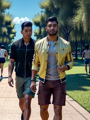 2men, A handsome Filipino man in his late 30s wearing a jacket and tight fitting cargo shorts emphasizing his thick thighs and bulging crotch, takes his Mexican boyfriend out for a walk through a busy park full.of half dressed men, photorealistic, detailed...